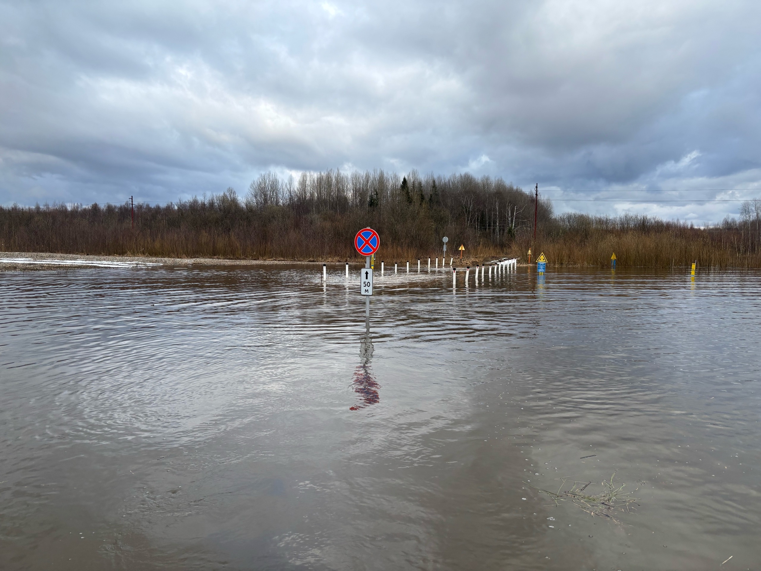 Весенний разлив реки Комела — затопленная дорога и поля